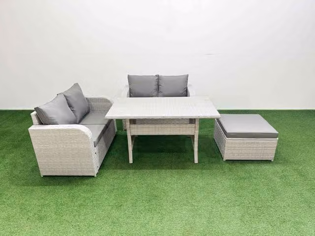 Fimous 5 Seater Rattan Garden Furniture Set with Rectangular Dining Table and Large Footstool in Light Grey