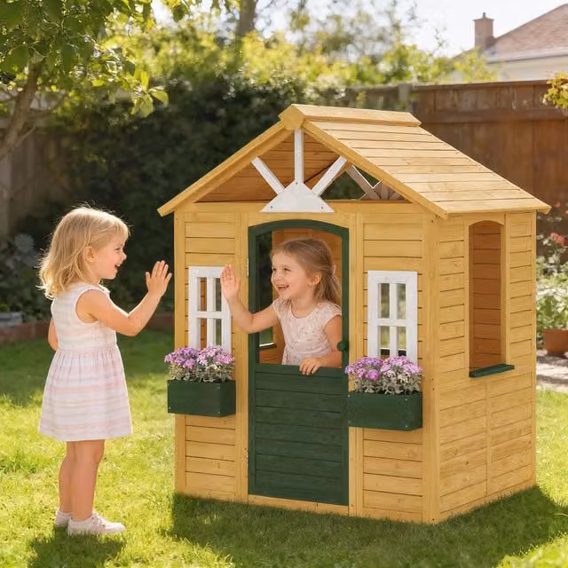 AIYAPLAY Wooden Kids Playhouse with 2 Door Flower Boxes in Brown