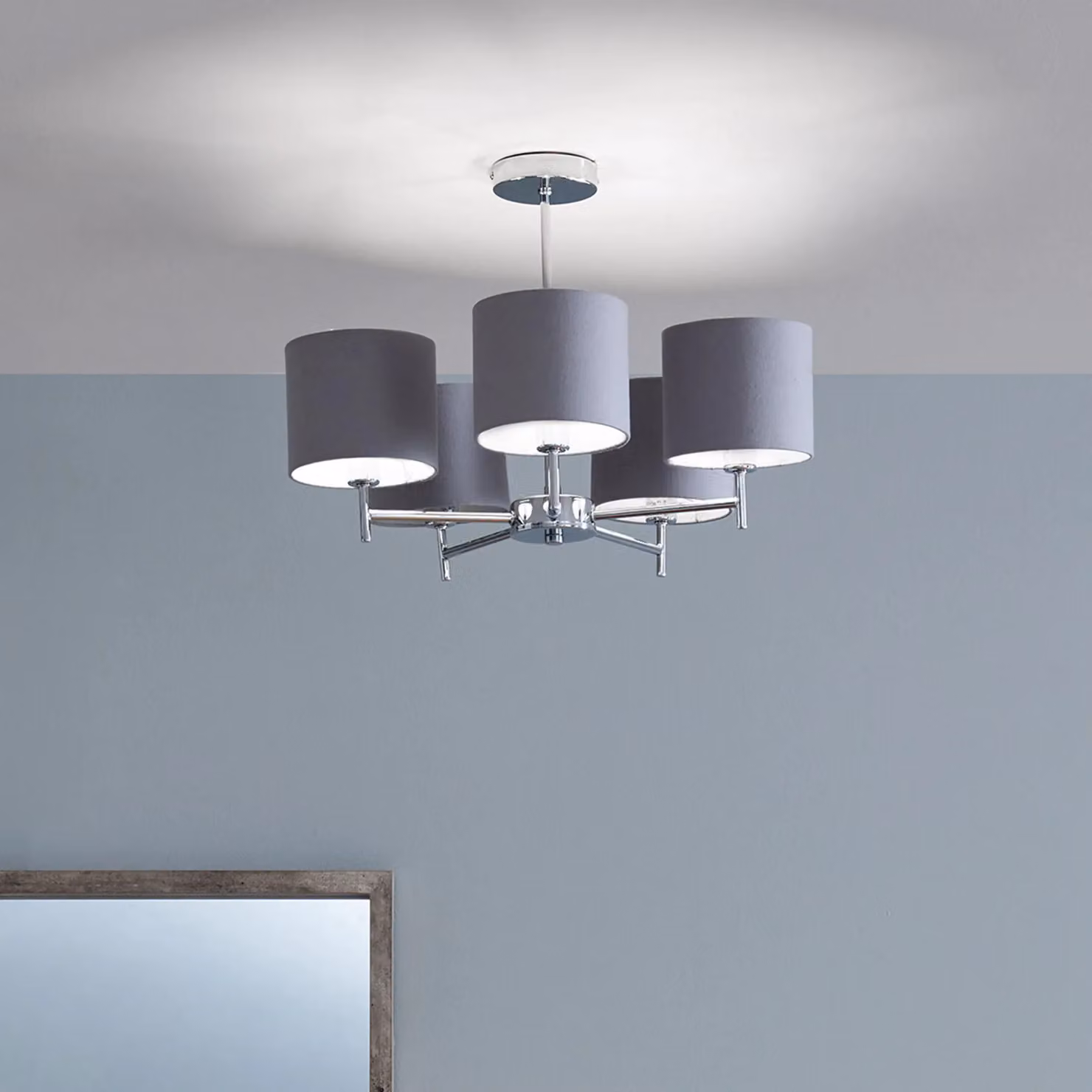 Ruma 5 Arm Modern Grey and Silver Metal and Linen Pendant Ceiling Lamp – 2