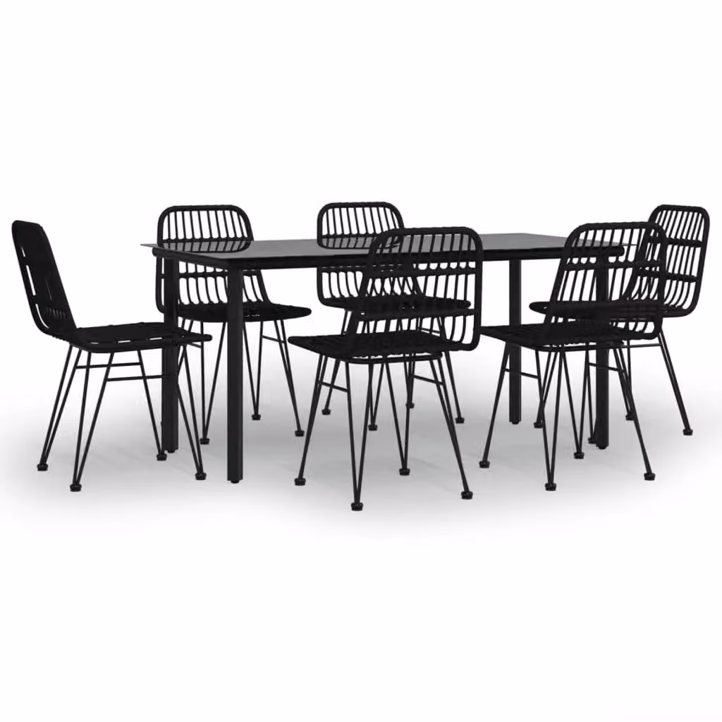 Berkfield Home 7 Piece Black Poly Rattan Garden Dining Set with Glass Tabletop – 2