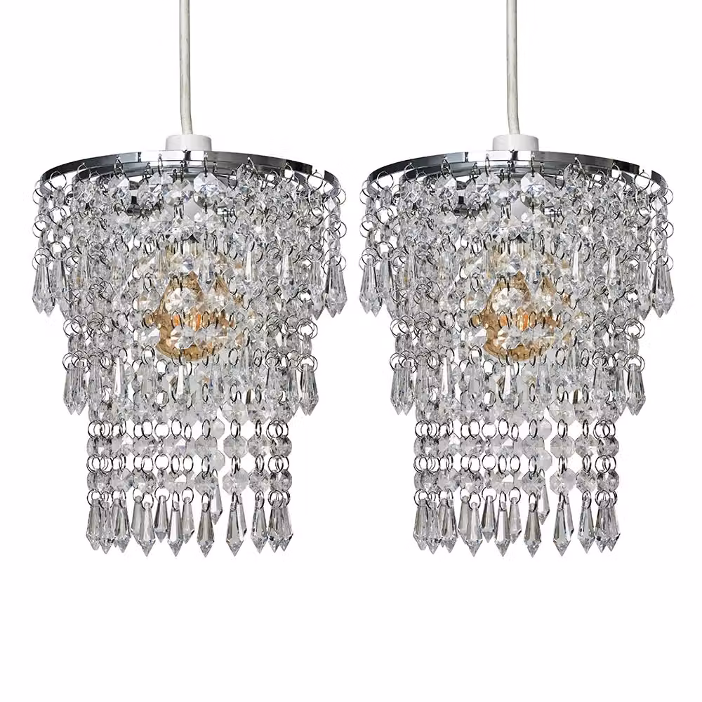 ValueLights Pair of Modern Chrome Ceiling Pendant Lights with Transparent Acrylic Jewel Droplets, Shade Width: 20 cm – 2