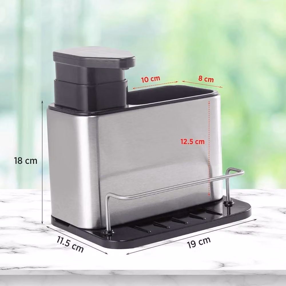 Top 3 Stainless Steel Kitchen Sink Organiser with 340ml Refillable Soap Dispenser Pump and Sponge Compartment in Silver – 3