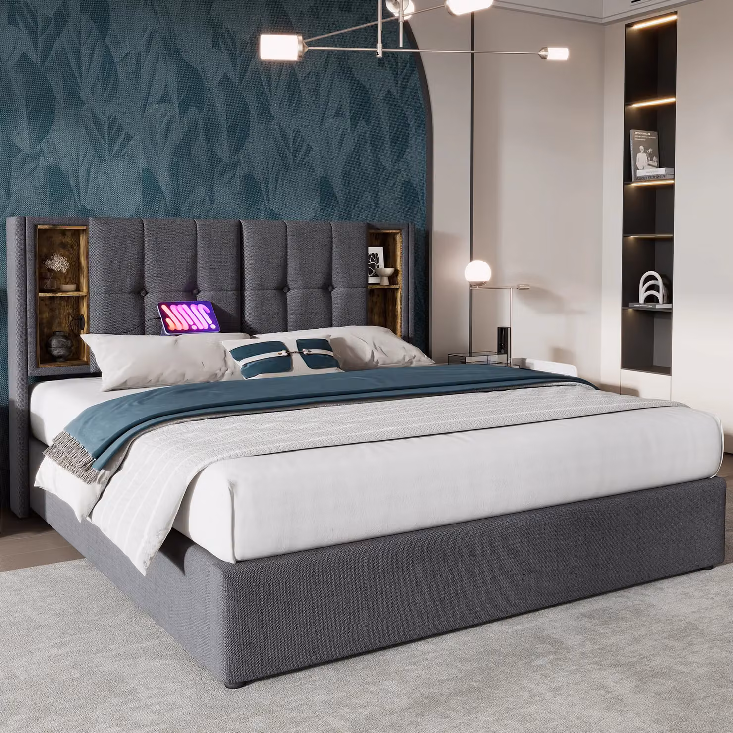 Matteo Upholstered Double Bed in Grey with USB Charging Port and Lift Up Base, W/D/H: 180 x 200 cm – 5