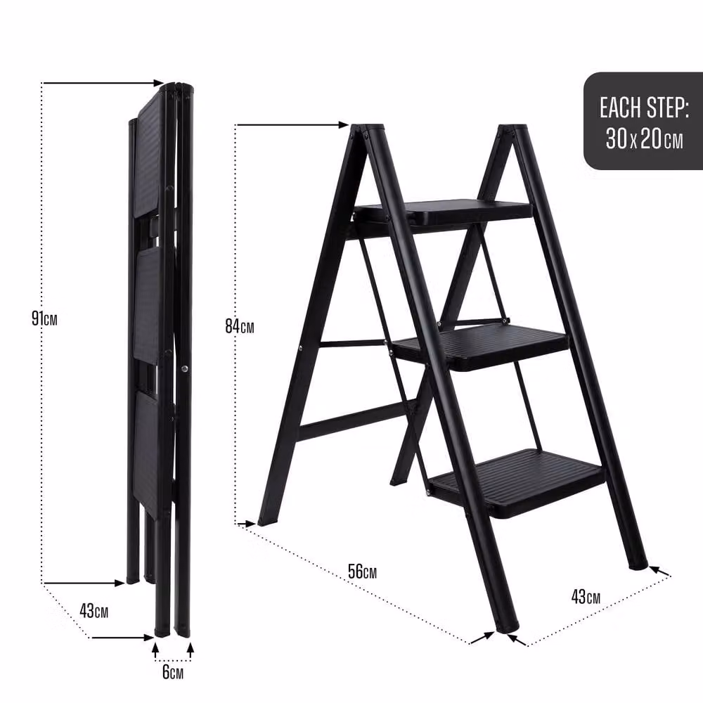 Futura 3 Step Ladder Compact Black Heavy-Duty Steel Folding Step Stool – 7