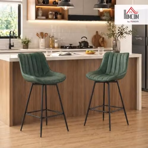 HOMCOM Set of 2 Modern Swivel Bar Stools with Backrest in Dark Green PU Leather – 2