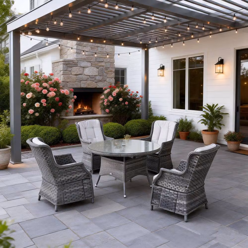 Direct Wicker 5-Piece Outdoor Rattan Dining Set with Grey Aluminum Round Table for 4 Adults – 6