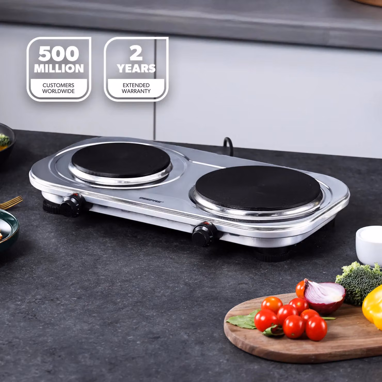 Geepas Double Hot Plate Electric Cooker, 2500W Portable Table Top Hob in Silver – 2