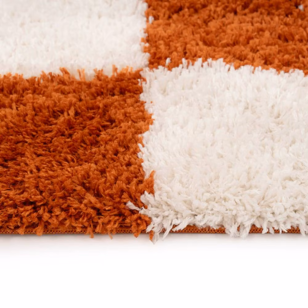 Kukoon Terracotta and Beige Checkerboard Shaggy Living Room Area Rug W: 200 cm, D: 290 cm – 5