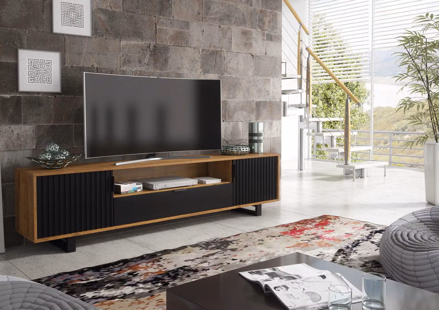 Creative Furniture Blackridge TV Unit in Brown and Black with Dark Oak Body and Matte Fluted Fronts, W: 200 cm, H: 45 cm, D: 35 cm – 2