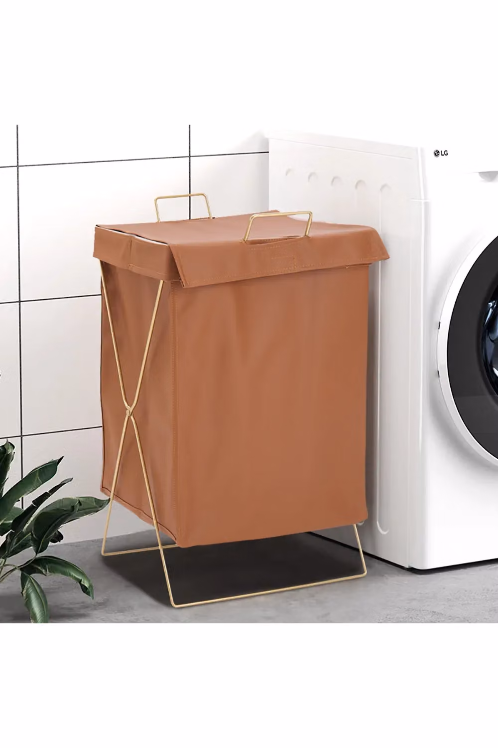 Living and Home Collapsible Waterproof PU Leather Laundry Hamper with Metal Frame, Brown – 2