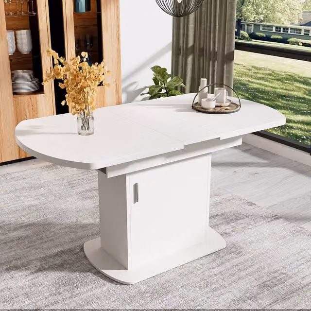 Merax Extendable Oval Pedestal Dining Table with Built-in Storage Cabinet in White and Silver – 1
