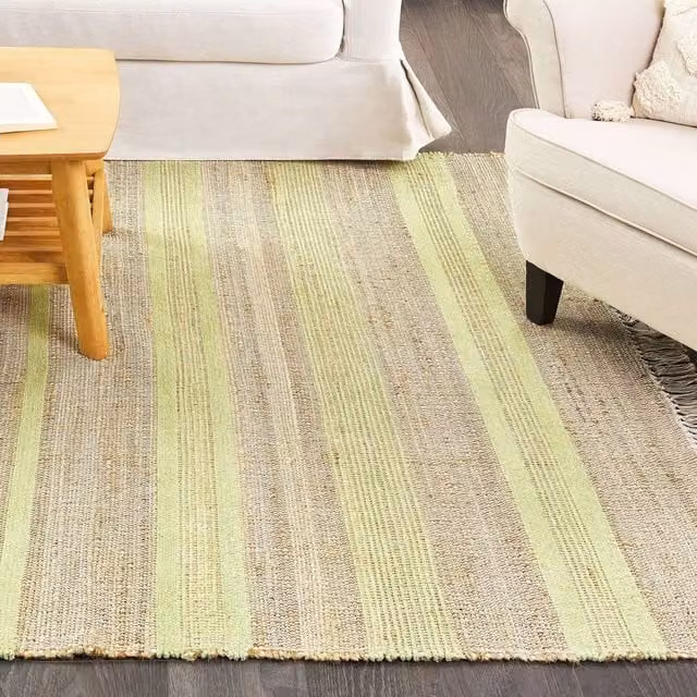 Wyld and Coco Beige and Green Striped Handwoven Jute and Cotton Boho Rug with Fringes, W/D: 160 x 230 cm