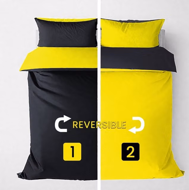 Velosso Reversible Plain Microfibre Duvet Cover and Pillowcase Set in Yellow and Black, W: 180 cm x L: 200 cm