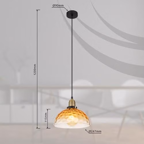 Globo Lighting Retro Amber Glass Dome Pendant Light with Brass and Black Metal Finish, D 25 cm x H 120 cm – 4