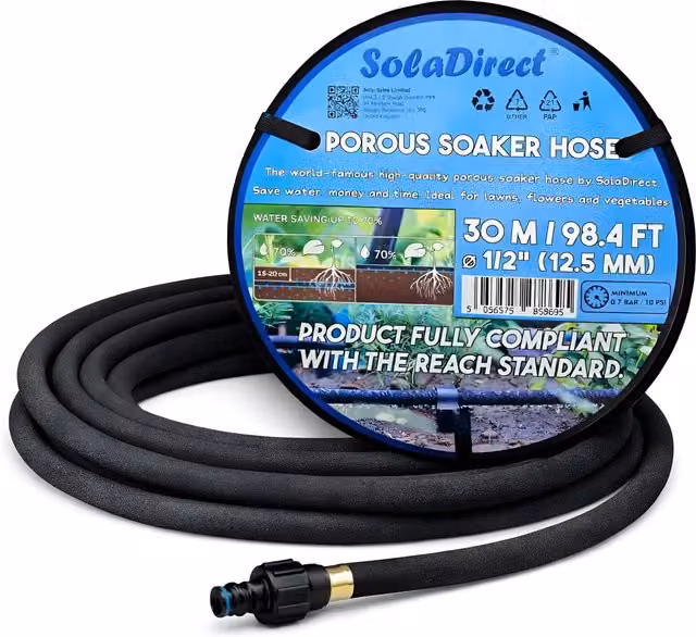 SolaDirect Soaker Hose Porous Pipe with Connectors, Black, 30m