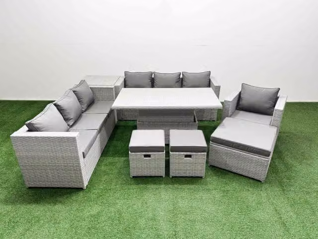 Fimous 7 Piece Rattan Dining Table Set with 3 Seater Sofa in Light Grey