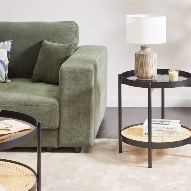 Wyld and Coco Viennese Braid Side Table with Black Metal Frame and Round Glass Top, W/D/H: 50 x 50 x 55 cm – 1