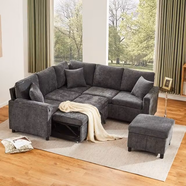 Merax Reversible L-Shape Chenille Corner Sofa Bed in Grey with Storage Ottoman and USB Charging – 1