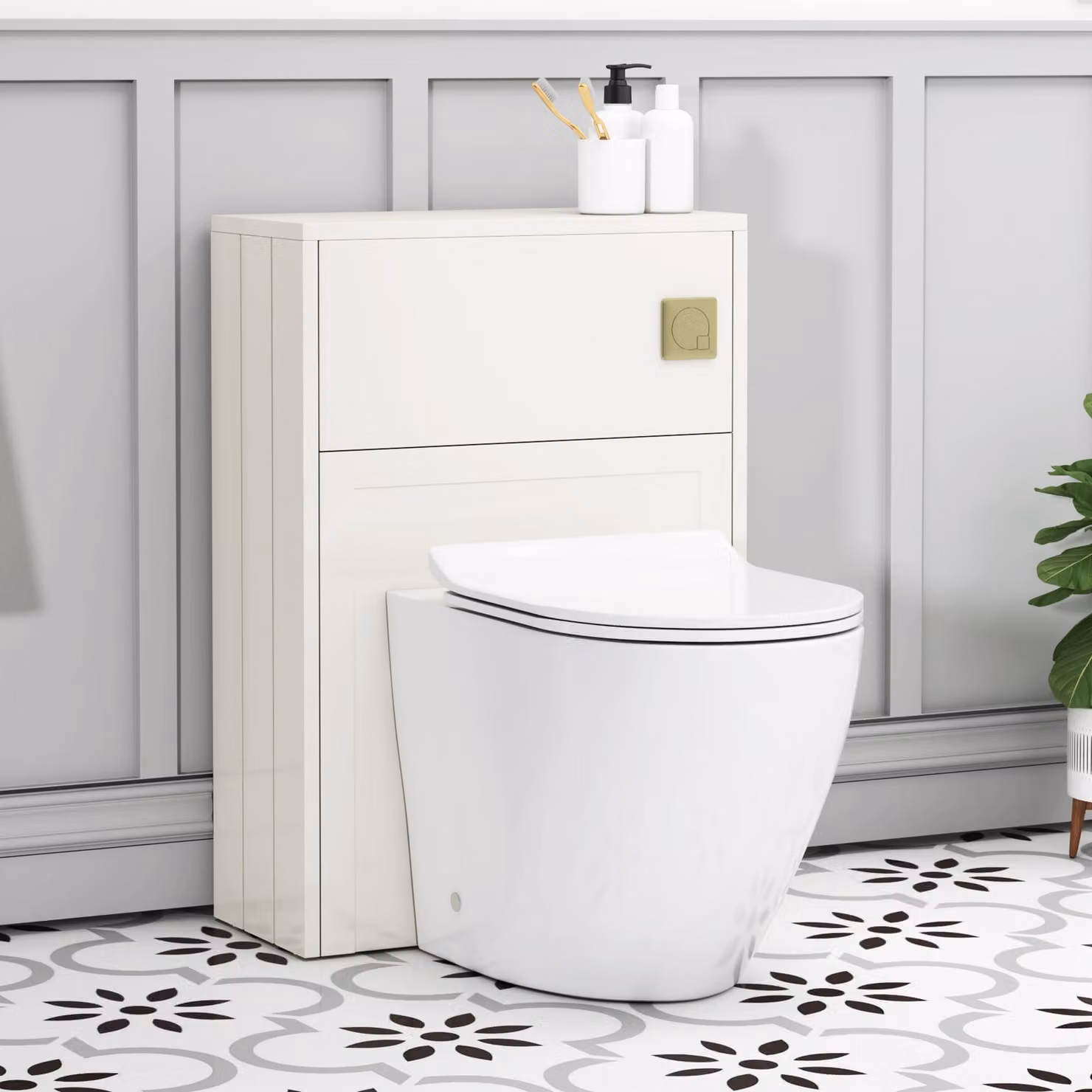 Royal Bathrooms Elmore White Wall Mounted BTW WC Unit with Elva Rimless Ceramic Toilet Pan, Slim Soft Close Seat and Cistern, Width: 55 cm
