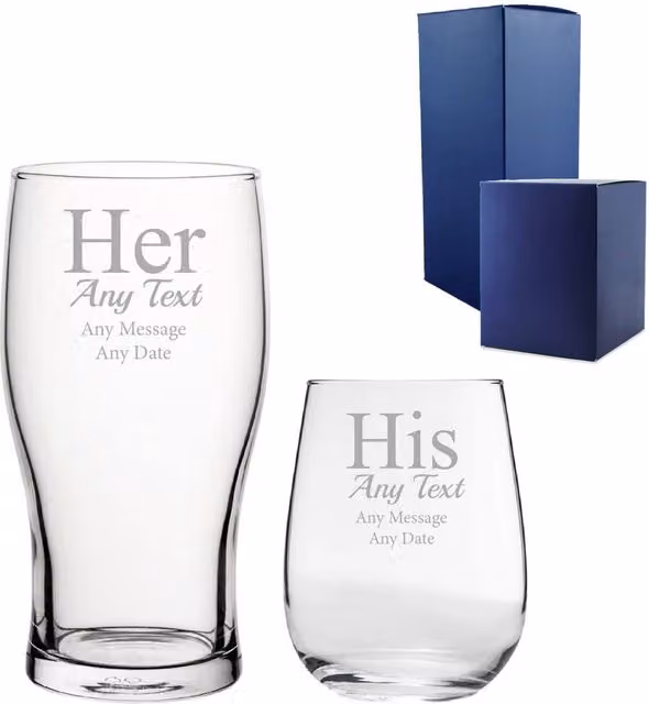 Uniqueful Personalised His and Hers Stemless Wine Glass Set in Clear Glass – 1
