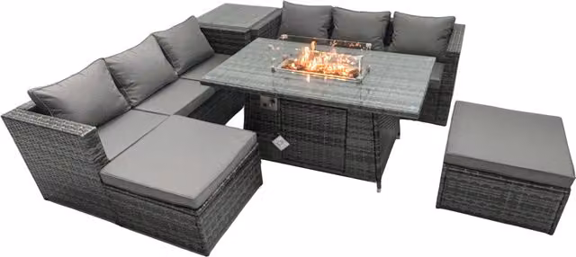 Fimous 6 Seater Rattan Garden Furniture Firepit Dining Set with Lounge Sofa, Table, Side Tables and 2 Footstools in Dark Grey – 1