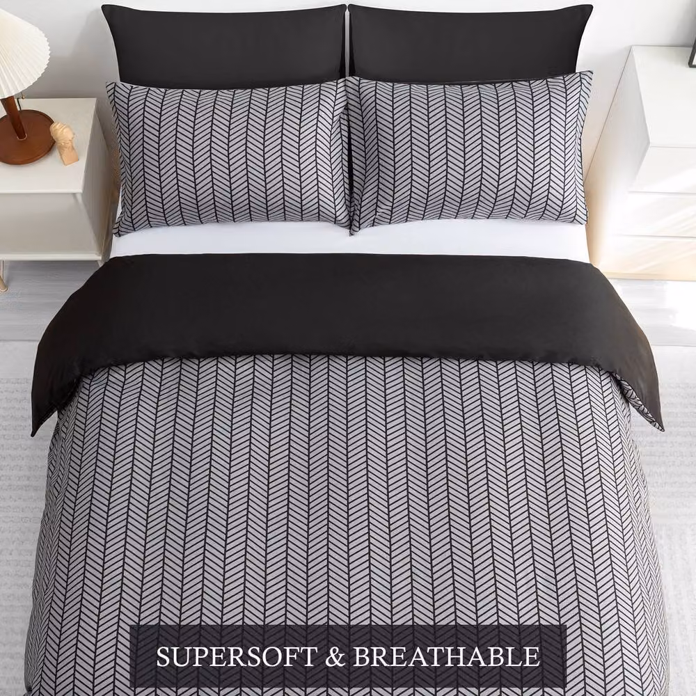 Lazzaro Home Premium Chevron Microfibre Reversible Duvet Cover and Pillowcase Set, Grey, 200 x 200 cm – 2