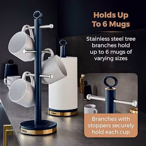 Tower Empire Mug Tree and Towel Pole Set in Blue and Gold Stainless Steel with Anti-Slip Base – 2
