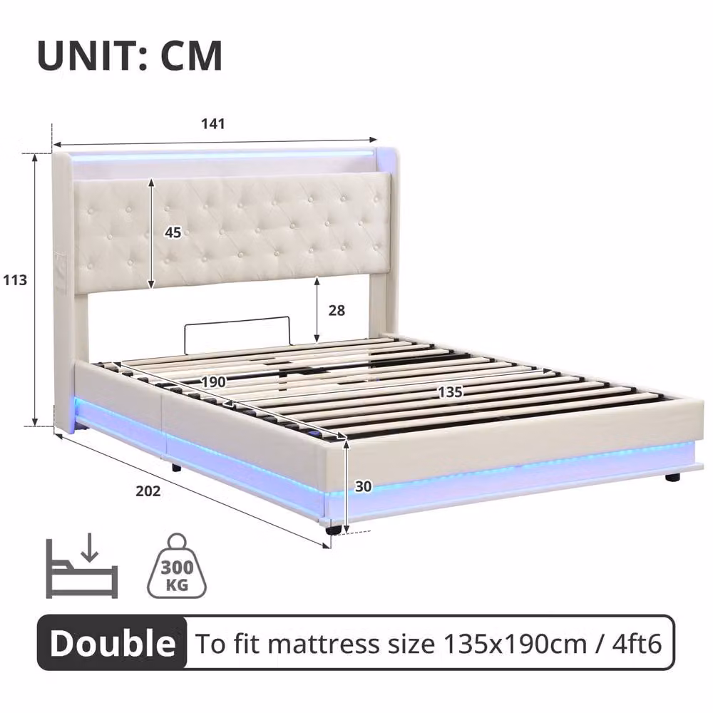 STILVORA Double Ottoman Bed with Storage, LED Lighting and USB Ports in Beige, W/D/H: 140 x 200 x 113 cm – 3