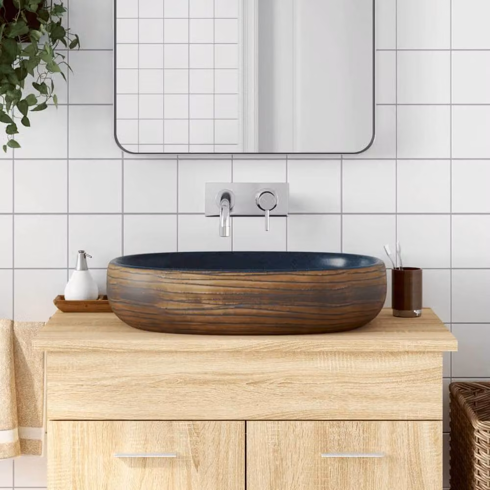 Berkfield Home Oval Ceramic Countertop Basin in Brown and Blue, W: 59 cm, D: 40 cm, H: 14 cm – 1