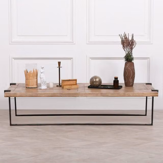 Glasstone Industrial Wrought Iron Coffee Table with Rustic Wood Top in Brown