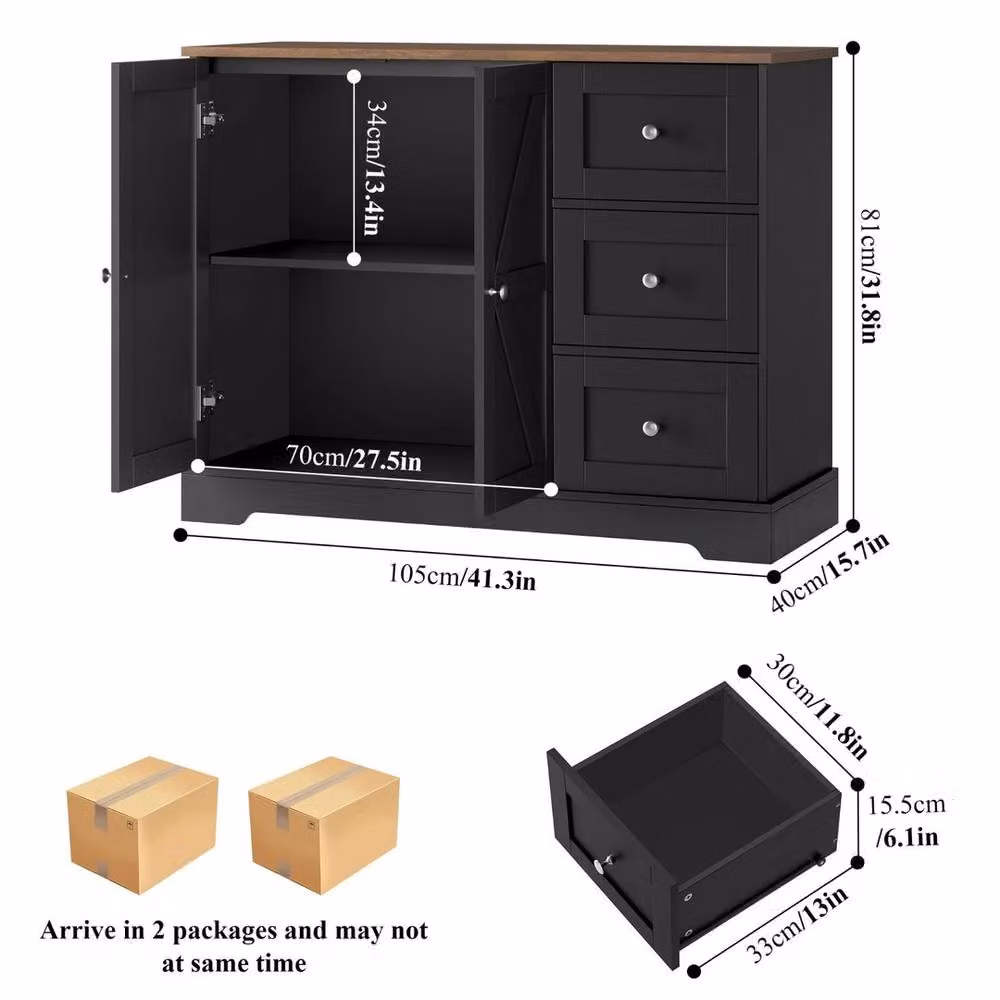 PAWNORA Kitchen Storage Cabinet in Black with 3 Drawers and 2 Doors, W/D/H: 40 x 105 x 40 cm – 2