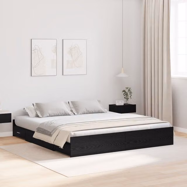 Berkfield Home Storage Bed Frame with Headboard and Drawers in Black Oak, 200 x 200 cm