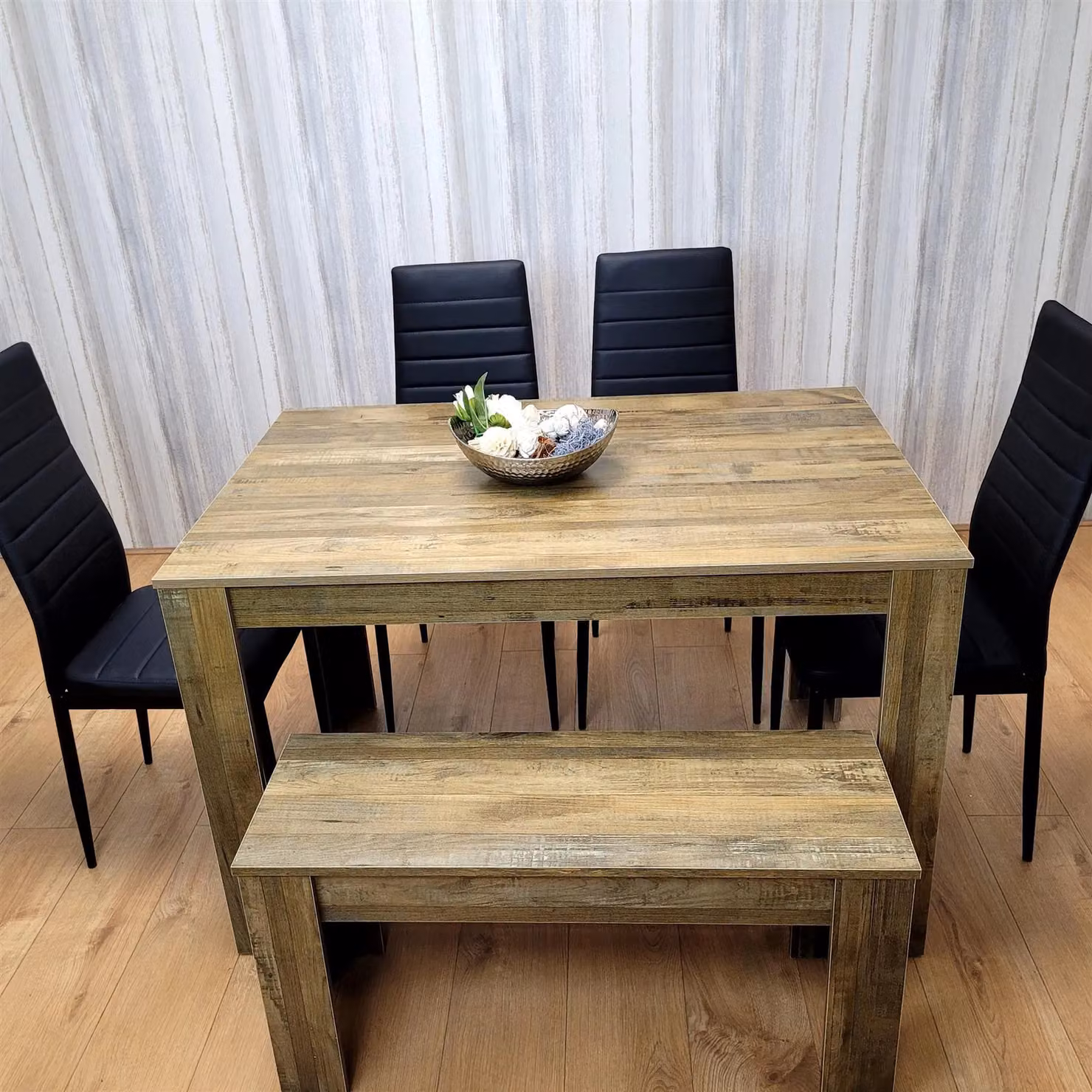KOSY KOALA Rustic Brown Wooden Dining Table Set with 4 Black Chairs and 1 Bench for 6 Adults – 3