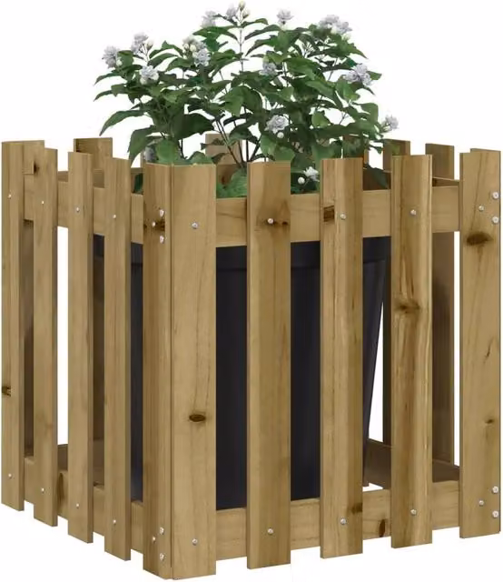 Berkfield Home Beautiful Garden Planter with Fence Design in Brown, W/D/H: 50 x 50 x 50 cm – 1