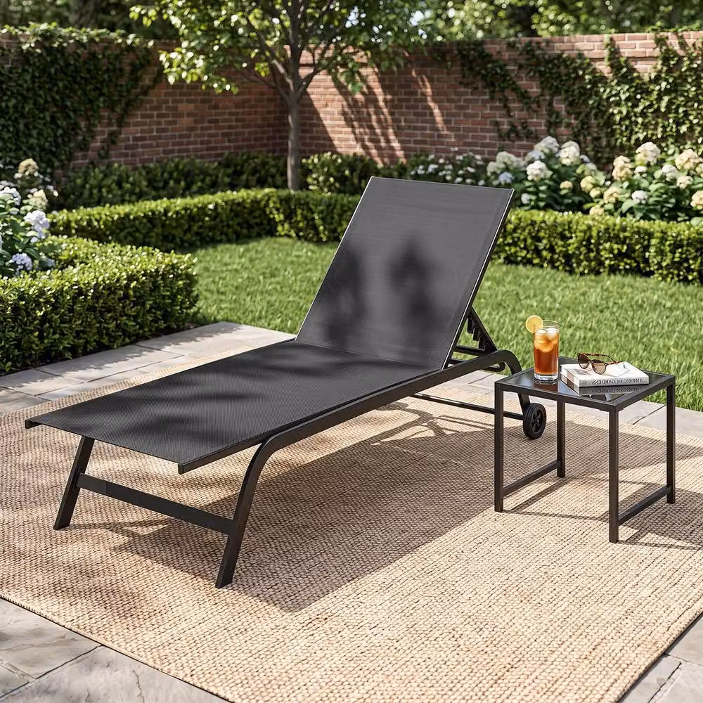 Gymax Outdoor Chaise Lounge Chair in Black with 6-Position Recliner, Adjustable Headrest, Side Tray and Castors – 3
