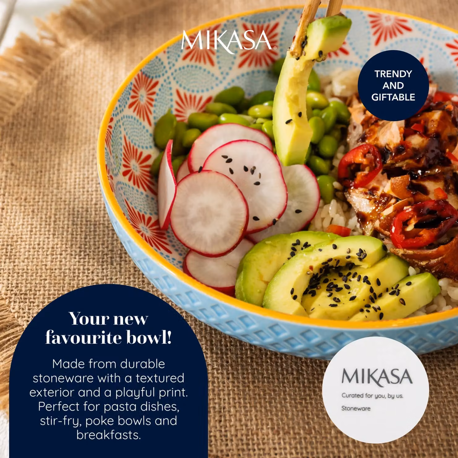 Mikasa Blue Mosaic Geometric Stoneware Coupe Pasta Bowl, 21 cm – 6