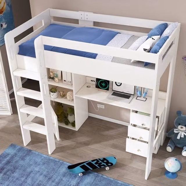 Merax White Mid Sleeper Cabin Bed for Children with Desk, Storage Drawers and USB Charging Port, W/D/H: 190 x 90 x 175 cm