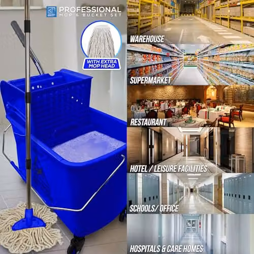 TDBS Kentucky Floor Mop and Bucket Set with Wringer and Refillable Head, Blue and Yellow – 6