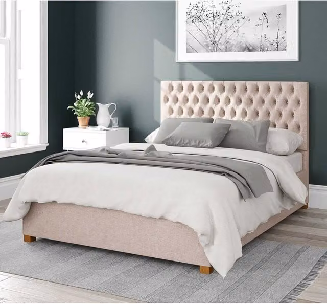 Aspire Nightingale Upholstered Ottoman Storage Bed in Sand Saxon Twill Fabric, W/D/H: 180 x 200 cm
