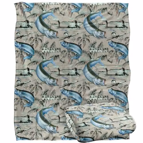 JQ Licensing Tarpon Tiki Fishing Pattern 2 Silky Touch Super Soft Fleece Throw Blanket, White, W/D/H: 152 x 127 cm – 1