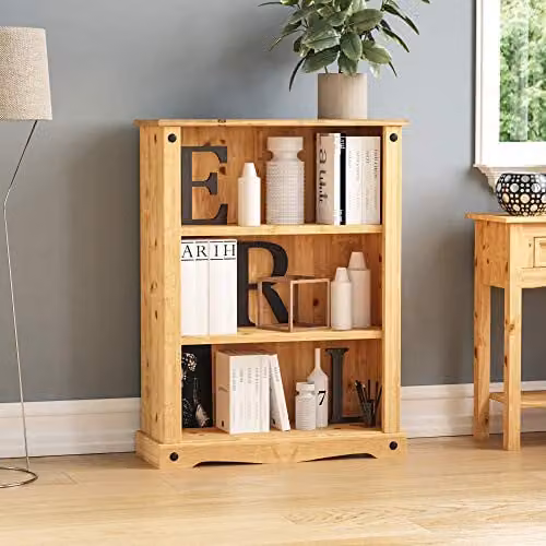 Vida Designs Corona Low Bookcase in Rustic Brown Waxed Pine and Black Metal, W/D/H: 107.0 x 29.0 x 75.0 cm