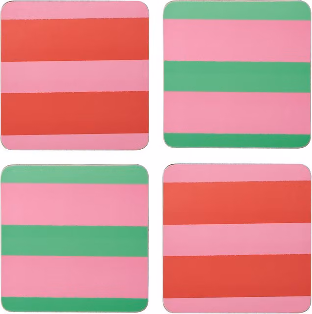 Creative Tops Set of 4 Pink and Green Striped Coasters with Cork Backing, W: 10.5 cm x D: 10.5 cm