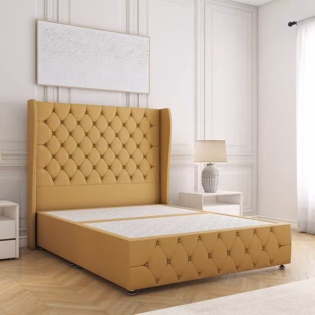 BSSPOKE Faye Small Double Divan Bed with 54 inch Headboard in Mustard Yellow Plush Velvet, W/D/H: 120 x 200 cm