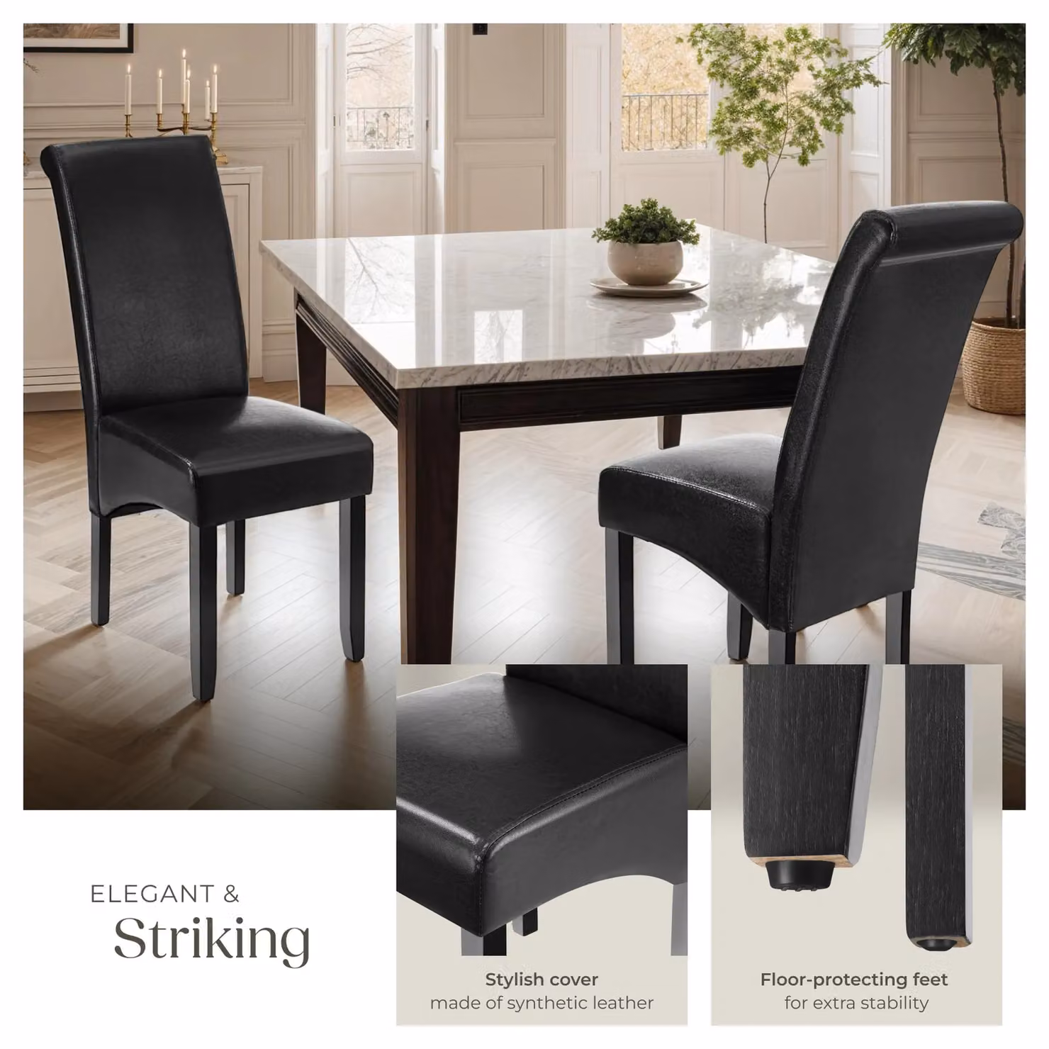 tectake Set of 2 Modern Dining Chairs in Black Synthetic Leather and Wood – 4