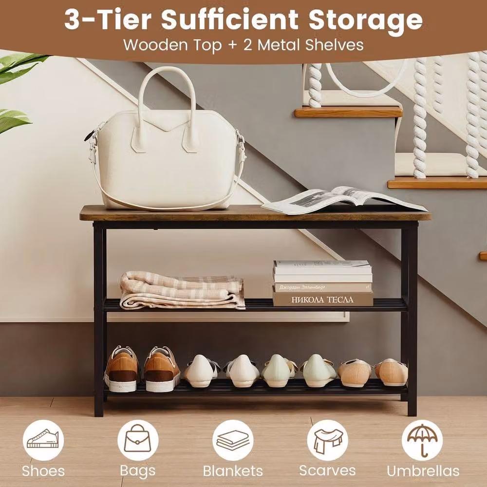 KORVIXA 3 Tier Shoe Rack Bench in Brown Rustic Wood and Metal – 3
