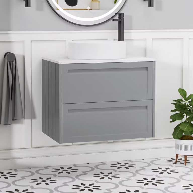 Royal Bathrooms Elmore Wall Hung Countertop Vanity Unit with Art Basin, Matt Pebble Grey, Width: 70 cm