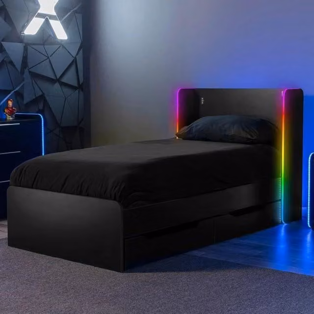 X Rocker Electra Single Bed with Trundle Drawers, LED Under-Bed Lighting and Mattress in Black