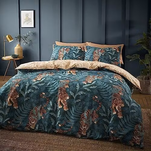 Catherine Lansfield Tropic Tiger Leaf Reversible Double Duvet Cover and Pillowcase Set, Green, W/D/H: 200 x 200 cm and 50 x 75 cm – 1