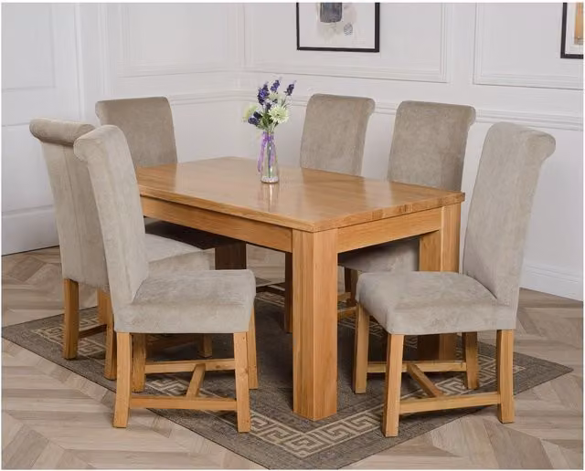 Thats Furniture Dakot Dining Table and 6 Washington Fabric Chairs in Grey and Beige, W: 152 cm, D: 87 cm, H: 87 cm