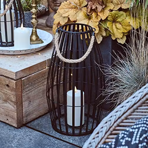 Lights4fun Canberra Large Black Slatted Metal Outdoor Lantern with TruGlow Warm White Flickering LED Candle and Remote Control – 3